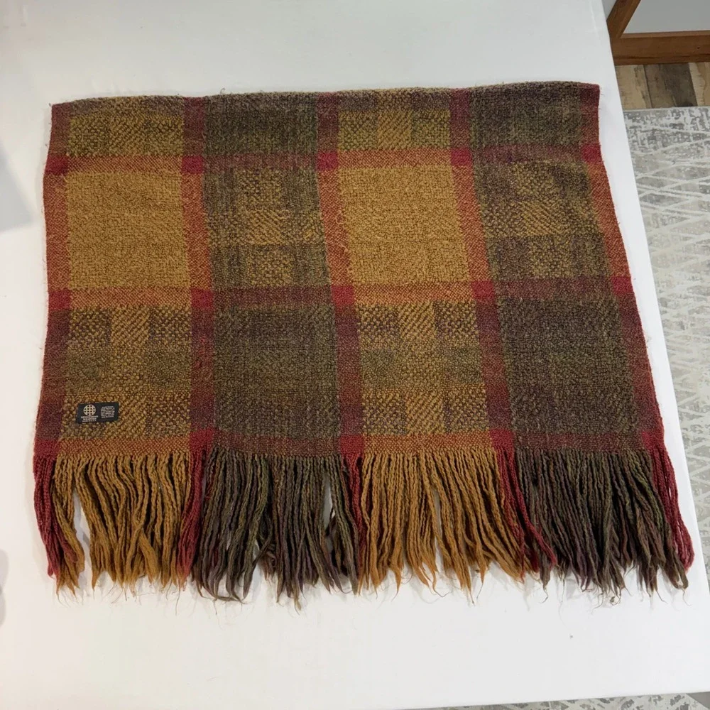 Kennebunk Weavers Throw Blanket Plaid Woven Fringe Made in USA Earth Tones 40x72